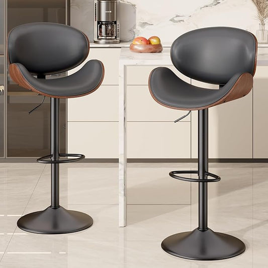 Swivel Bar Stools Set of 2, Seat Adjustable Height 23.5-32.5IN Bentwood Barstools with Back & Footrest, PU Leather Upholstered Counter Height Bar Chairs for Bar Kitchen, Grey&Brown