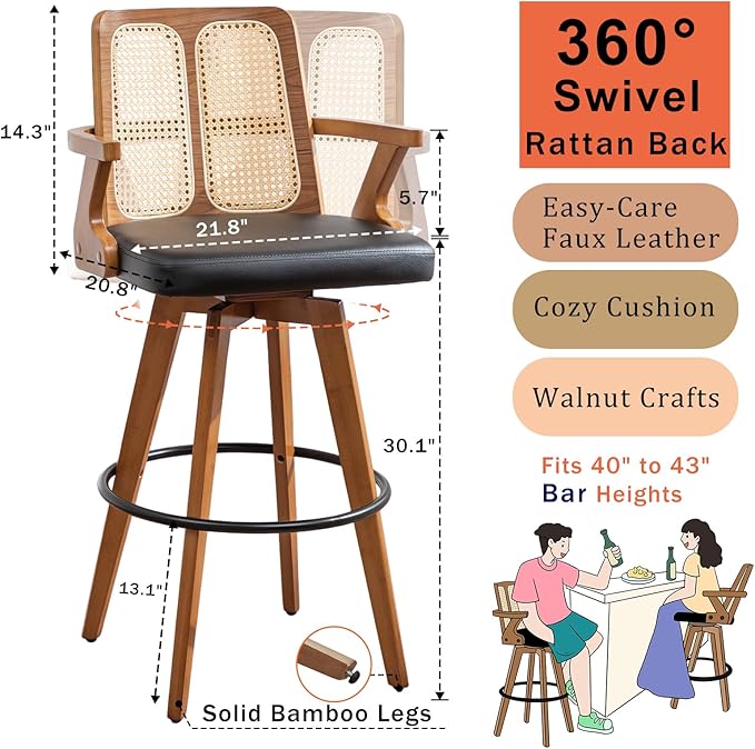 Set of 4 Rattan Bar Stools - 30 inch Swivel Mid Century BarStools with Cane Back, Walnut Craftsmanship, Upholstered Seat, Bar Height Stools for Bar/Pub/Island/Cafe (30" Seat Height, Black)