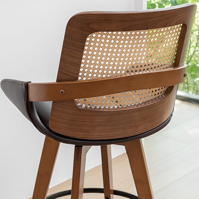Set of 2 Bar Stools Counter Height - 26.4 inch Swivel Walnut Counter Stools with Cane Back, Upholstered Seat, Curved Arms, Rattan Counter Stools for Island/Pub/Kitchen/Cafe (26" Seat Height, Brown)