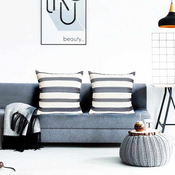 Decorative Throw Pillow Covers Set of 2 Blue Boho Striped Pillow Covers 20x20 Inch Throw Pillow Cover Linen Pillowcase Farmhouse Outdoor Pillow Covers for Couch Sofa Bed Living Room