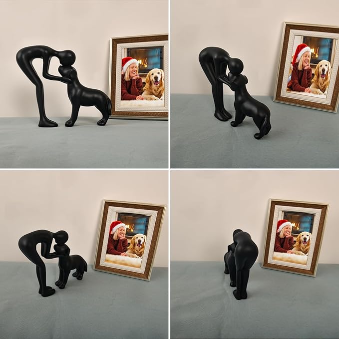 Dog Sculpture Home Decor Cute Man and Dog Statue Decoration for Office、Living Room、Bedroom、Home， Memory Gifts for Pet Lovers (Black)