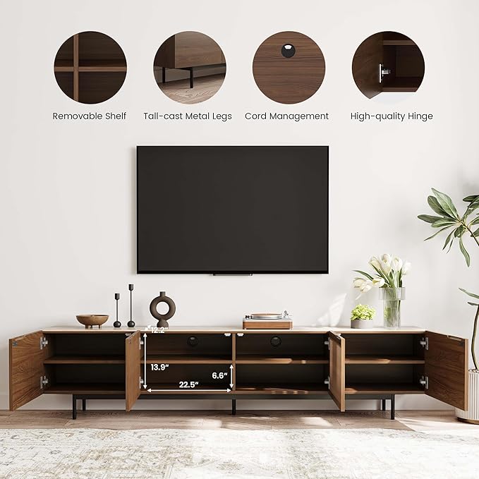 POVISON Mid Century Modern Sintered Stone TV Stand, Slatted Media Console TV Cabinet with Tall-cast Metal Legs, Fluted Entertainment Center with Storage, Fully-Assembled (Walnut, 78.74")