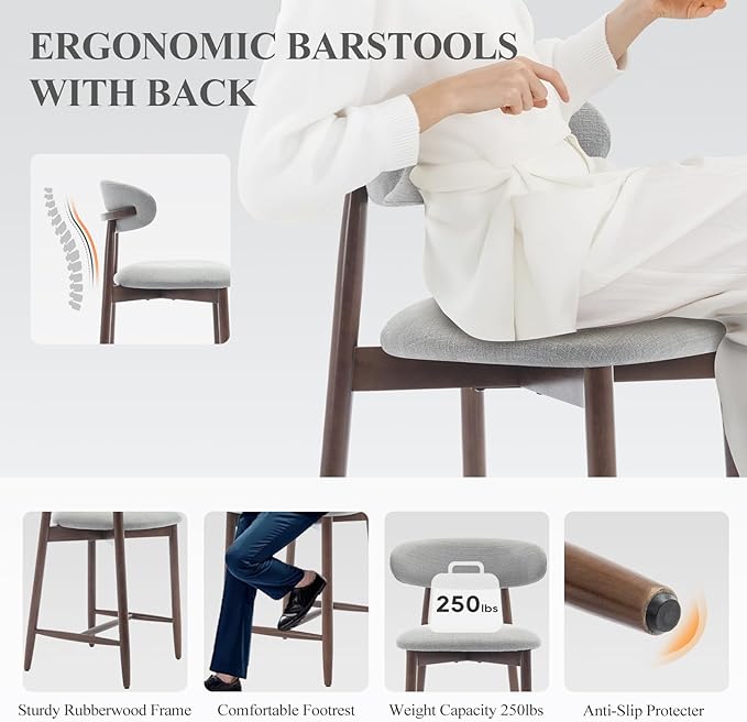 COLAMY Bar Stools Set of 6, Counter Height Bar Stools, Upholstered Counter Stools with Wood Legs for Kitchen Island Dining Room Bar, Light Grey