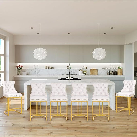 Counter Height Bar Stools Set of 6, 24" Modern Barstools with Back, Frbric Upholstery Counter Chairs with Metal Legs for Kitchen Island, Bar, Counter, White