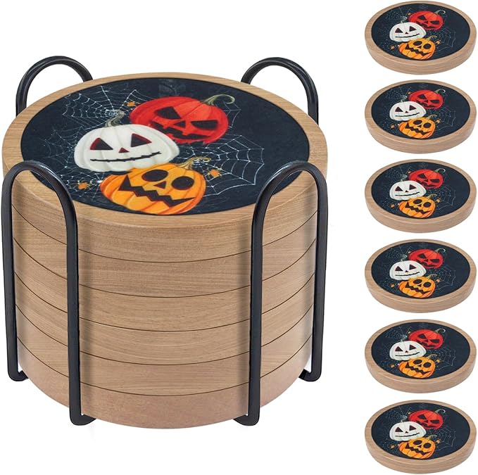 Halloween Coasters Set of 6, Pumpkins Coaster, Minacun Black Absorbent Coasters with Holder Halloween Thanksgiving Themed Party Decoration 4.3 Inch