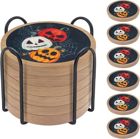Halloween Coasters Set of 6, Pumpkins Coaster, Minacun Black Absorbent Coasters with Holder Halloween Thanksgiving Themed Party Decoration 4.3 Inch