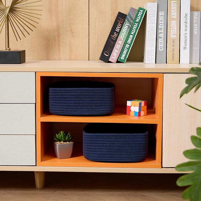 Small Square Shallow Baskets for Organizing, 9.7x9.7x4.3 Inch Rope Woven Storage Bins for Cubes Closet, Shelves Storage, Boho Decorative Basket, 2 Packs Navy Blue
