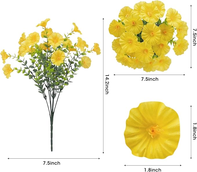Ouddy Decor 24 Bundles Artificial Flowers for Outdoors Decoration Fake Silk Morning Glory Flowers Faux Eucalyptus Plants UV Resistant for Porch Patio Garden Spring Summer Home Decor, Yellow