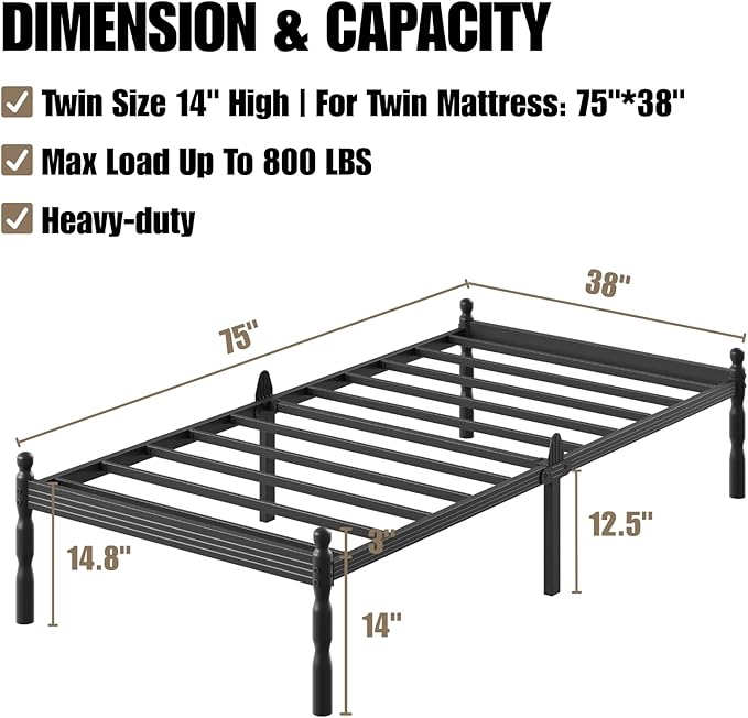 14 Inch Twin Size Bed Frames with 2 Pcs Mattress Slide Stopper, Twin Platform Bed Frame Metal, Heavy Duty, Non-Slip, Easy Assembly, No Box Spring Needed