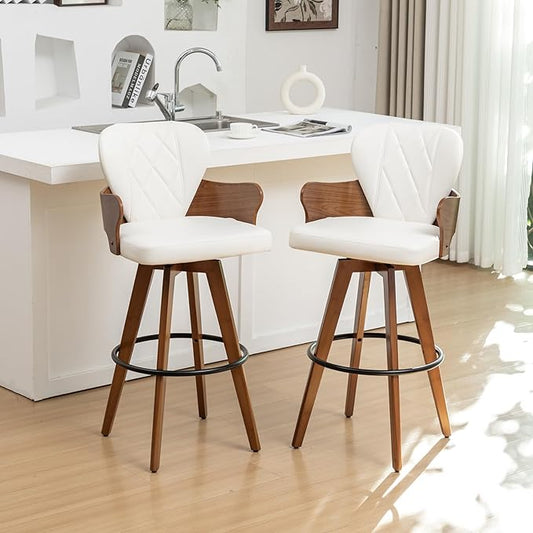 26.7” Swivel Bar Stools Set of 2,White Faux Leather Counter Height Stools with Armrest and Fishtail-Shaped Back,Mid Century Modern Barstools,Walnut Bar Chair for Kitchen Island or Home Bar