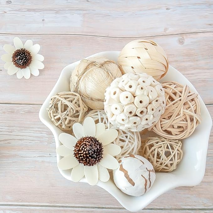 Qingbei Rina Spring Decorative Balls for Bowls,Assorted Vase Filler for Centerpieces,Wicker Rattan Balls Decorative Orbs Woven Spheres,Bowl Fillers for Home Decor,Wedding(White)