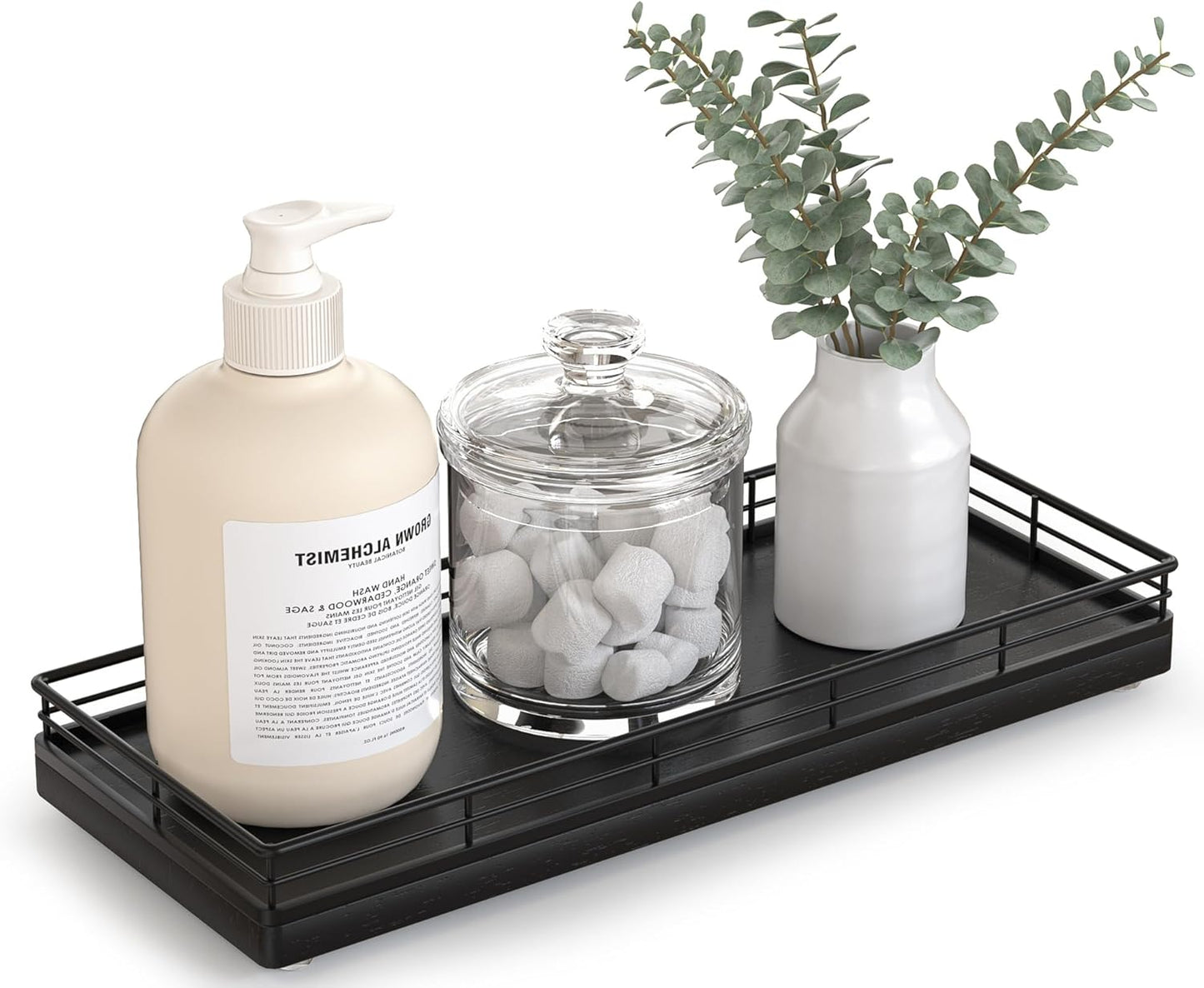 Bathroom Tray for Counter Top Organizer – Oak Wood Vanity Tray with Metal Frame for Dresser, Kitchen, Nightstand – Black Decorative Storage