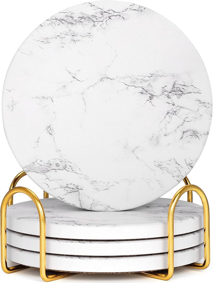 GOH DODD Coasters for Drinks Set of 4, Absorbent Marble Style Ceramic Coaster Tabletop Protection Home Decor with Metal Holder for Coffee Table Housewarming Gifts Wedding Party, White, Round, 4 Inch