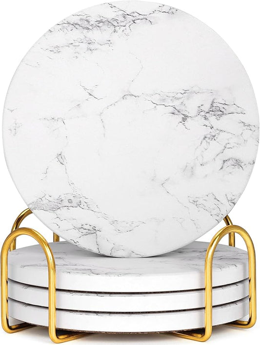 GOH DODD Coasters for Drinks Set of 4, Absorbent Marble Style Ceramic Coaster Tabletop Protection Home Decor with Metal Holder for Coffee Table Housewarming Gifts Wedding Party, White, Round, 4 Inch
