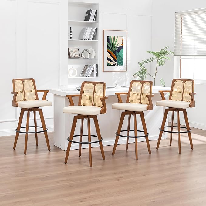 Set of 4 Mid Century Modern Bar Stools - 30 inch Swivel Rattan bar stools with Cane Back, Walnut Craftsmanship, Upholstered Faux Leather, Bar Chairs for Bar/ Pub/Island/Cafe ( 30" Seat Height, Beige)