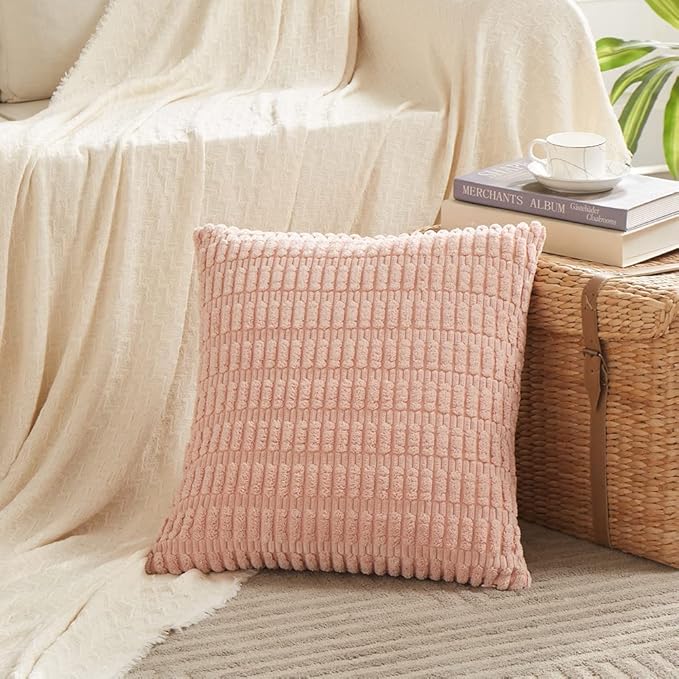 Fancy Homi 2 Packs Blush Pink Decorative Throw Pillow Covers 14x14 Inch for Living Room Couch Bed Sofa, Soft Striped Corduroy Square Cushion Case 35x35 cm, Rustic Farmhouse Boho Home Decor