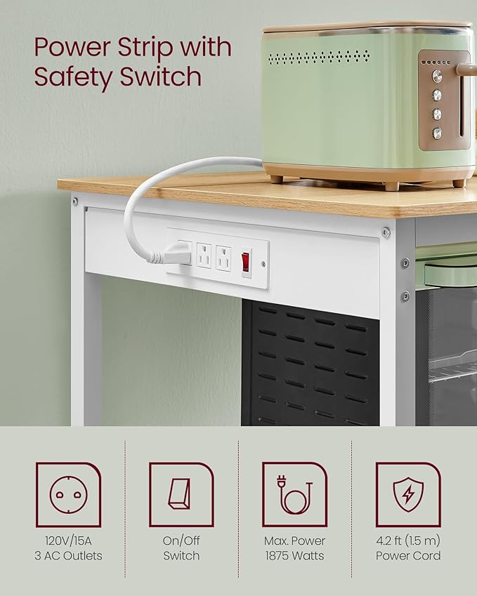 VASAGLE Kitchen Island with 3 Shelves, Kitchen Shelf with Power Strip, 23.6 x 39.4. x 34.9 Inches, Large Worktop, Steel Structure, Industrial, Easy to Assemble, Oak Color and White UKKI105Y01