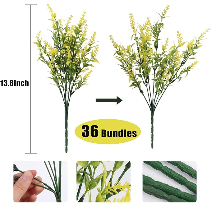 36 Bundles Artificial Plants Outdoor, Artificial Flowers for Outdoors Fake Flowers UV Resistant Flowers Lavender Outdoor Plants, Faux Flowers Shrubs for Porch Garden Window Box Home Decoration(Yellow)