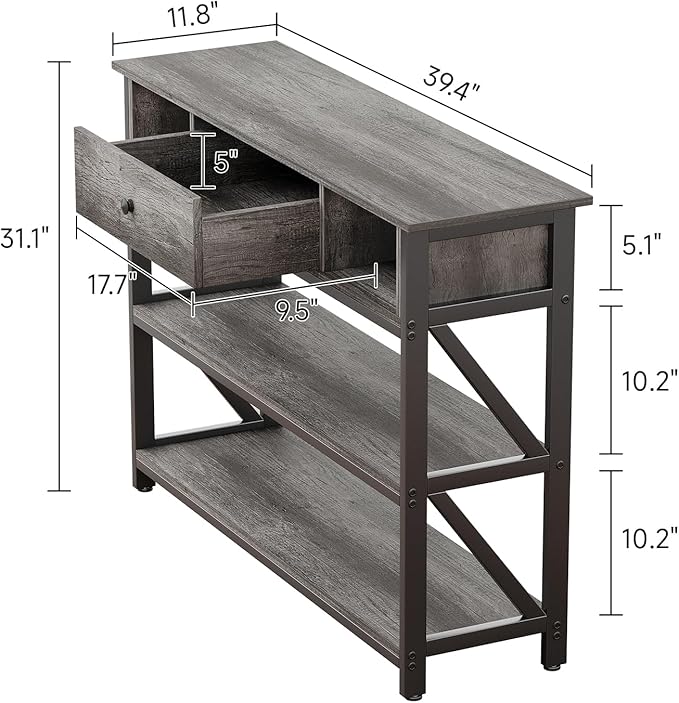 Mexin 39 Inch Console Sofa Table with Drawer, Entryway Table with Storage Shelves, Industrial Wood Hallway Table for Living Room, Couch, Foyer, Kitchen Counter, Grey Oak