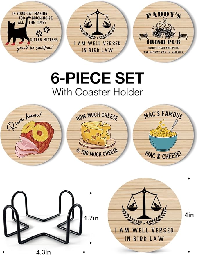 Funny Sunny in Philadelphia Coasters for Drinks - Always Sunny in Philadelphia Merch Coasters Set of 6 with Holder, Always Sunny TV Show Themed Coaster Gifts for Women Fans