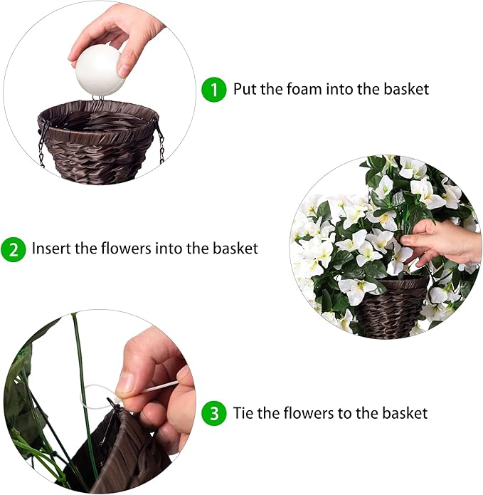 Artificial Bougainvillea Faux Flowers Plants Baskets for Outdoor Outside Summer Decoration, 3 PCS Fake Silk Long Hanging Vines UV Resistant Realistic for Front Door Porch Patio Balcony, White