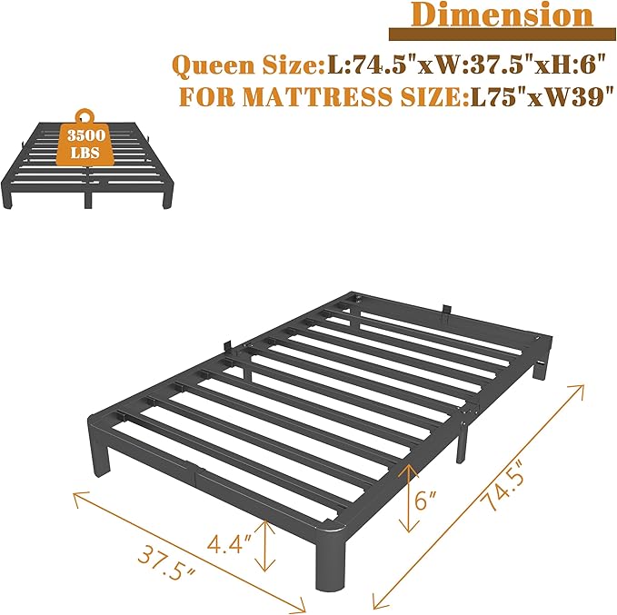 Twin Bed Frames 6 Inch, Black Twin Size Bed Frame with Metal Gaskets, No Box Spring Need, Heavy Duty Steel Platform Support, Round Corner Desgin, Reserved Holes, Easy Assembly, Noiseless