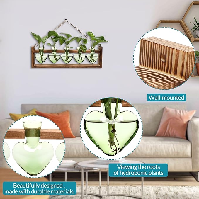 Plant Terrarium Hanging Propagation Stations Gift for Women Plant Lover air Plant Holder with Wooden Stand Heart Glass