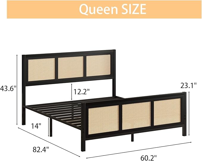 Rattan Bed Frame Queen, Boho Queen Bed Frames with Headboard, Metal Platform Bed Frame Queen Size with Strong Slats Support, No Box Spring Needed, Noise Free, Easy Assembly, Black