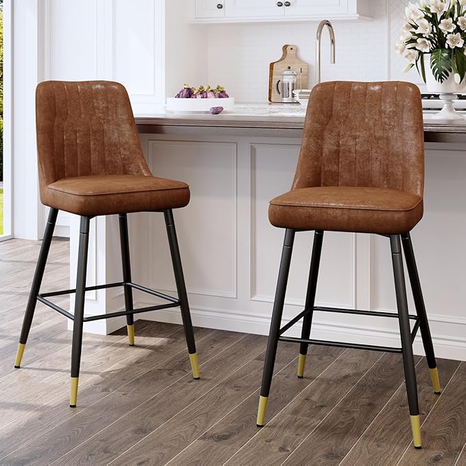 Counter Height Bar Stools Set of 4,27" Modern Bar Stools with Back,Upholstered Counter Height Bar Stool with Sturdy Metal Footrest,Kitchen Island Chairs for Home Pub (Brown,4)