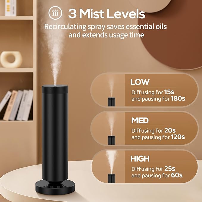 Waterless Diffuser with 90ML Essential Oils, Aromatherapy Diffuser Covers 1000 Sq Ft, Diffusers for Home Hotel, Adjustable Mist & Timer, Scent Diffuser Starter Kit with Night Light, Black