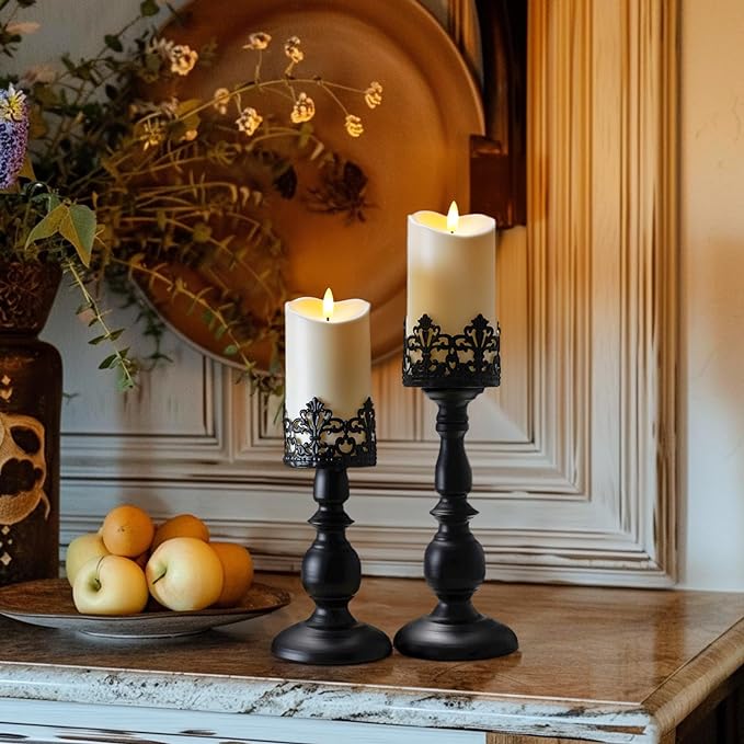 Homemory Black Halloween Candle Holders for Pillar Candles Set of 2, Gothic Vintage Candle Holders for Table Centerpiece, 11" 9" Tall Candle Stand Decorative for Dining Fireplace Living Room (Black)