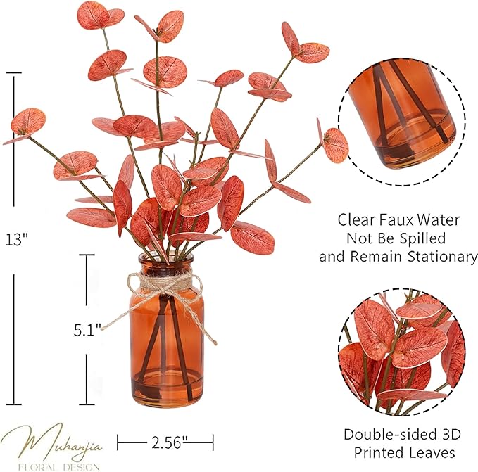 Artificial Eucalyptus Stems in Amber Glass Vase with Faux Water,3Pcs Fake Plant with Double-Sided Orange Leaves for Centerpiece (Double-Sided Orange Eucalyptus)