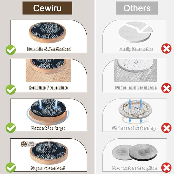 Wood Coasters Set of 8 with Holder, Cewiru Cup Mat for Drinks, Absorbent Coasters with Felt Insert for Coffee Table Protection, Modern Style Home Dining Table Decor, 4.3" Black