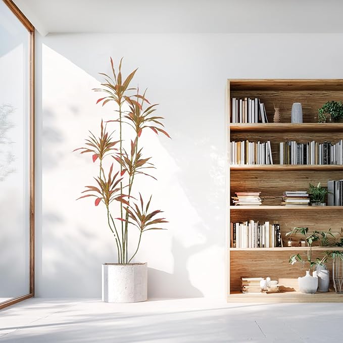 Artificial Cordyline Plant, Indoor Potted Plant, 6 Stems with Black Planter, Suitable for Large Indoor Living Room Decorations, Potted Plants, and Window Display Scenes (Red-7ft)