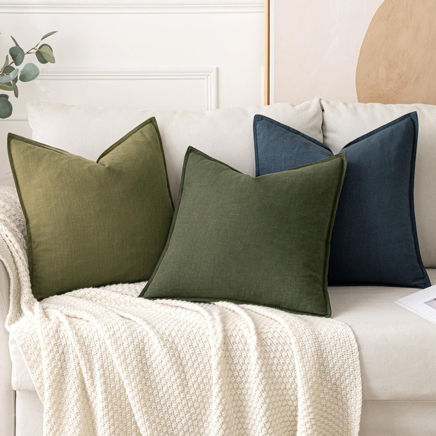 MIULEE Decorative Linen Pillow Covers 16x16 Inch Dark Olive Green Boho Farmhouse Neutral Couch Throw Pillows for Bed Pack of 2 Accent Modern Pillowcase Sofa Livingroom Home Decor