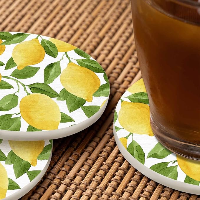 Bright Yellow Lemons Drink Coasters Modern Watercolor Fruit Fresh Food Sketch Housewarming Presentss for New Home Present for Friends,2 Pcs,4 X 4 X 0.35 Inches