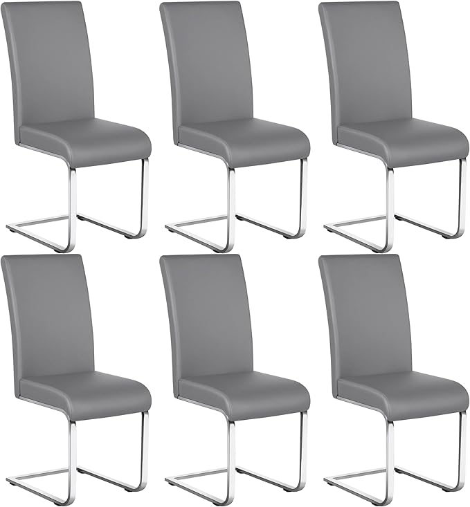 Yaheetech Dining Chairs Set of 6 Modern Faux Leather Upholstered Dining Room Chairs with High Back and Metal Chrome Legs for Kitchen/Living Room/Restaurant, Light Gray