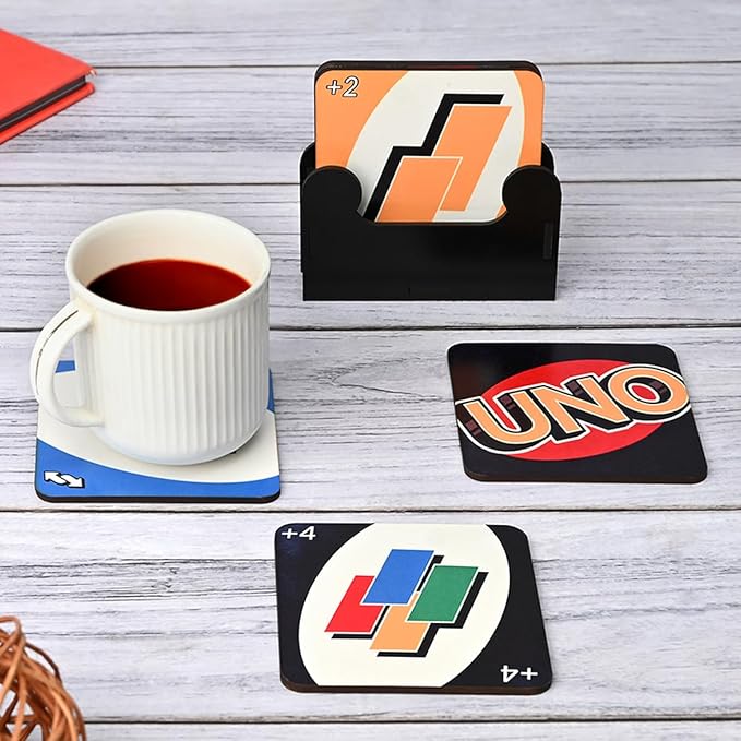 GKD Wooden Coasters for Drinks, MDF Wooden Coasters Set of 6 with Holder, 3.8 inches Eco-Friendly Absorbent Coaster for Coffee Table, Farmhouse, Office, Bar, Drinking Glasses, Tabletop Protection