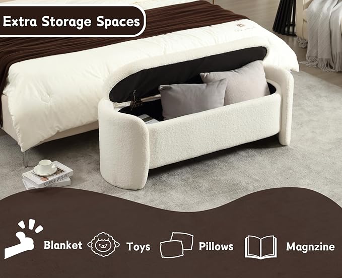 Modern White Storage Ottoman Bench - Upholstered Boucle Teddy Fabric, 50" End of Bed With Sherpa Seating for Bedroom/Entryway/Living Room/Window