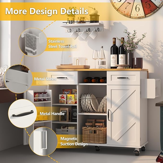 51.5'' Rolling Kitchen Island with Storage Cabinet & Drawers, Drop Leaf Kitchen Cart on Wheels, Farmhouse Portable Mobile Islands, Large Butcher Block Table with Tower/Spice Rack, White