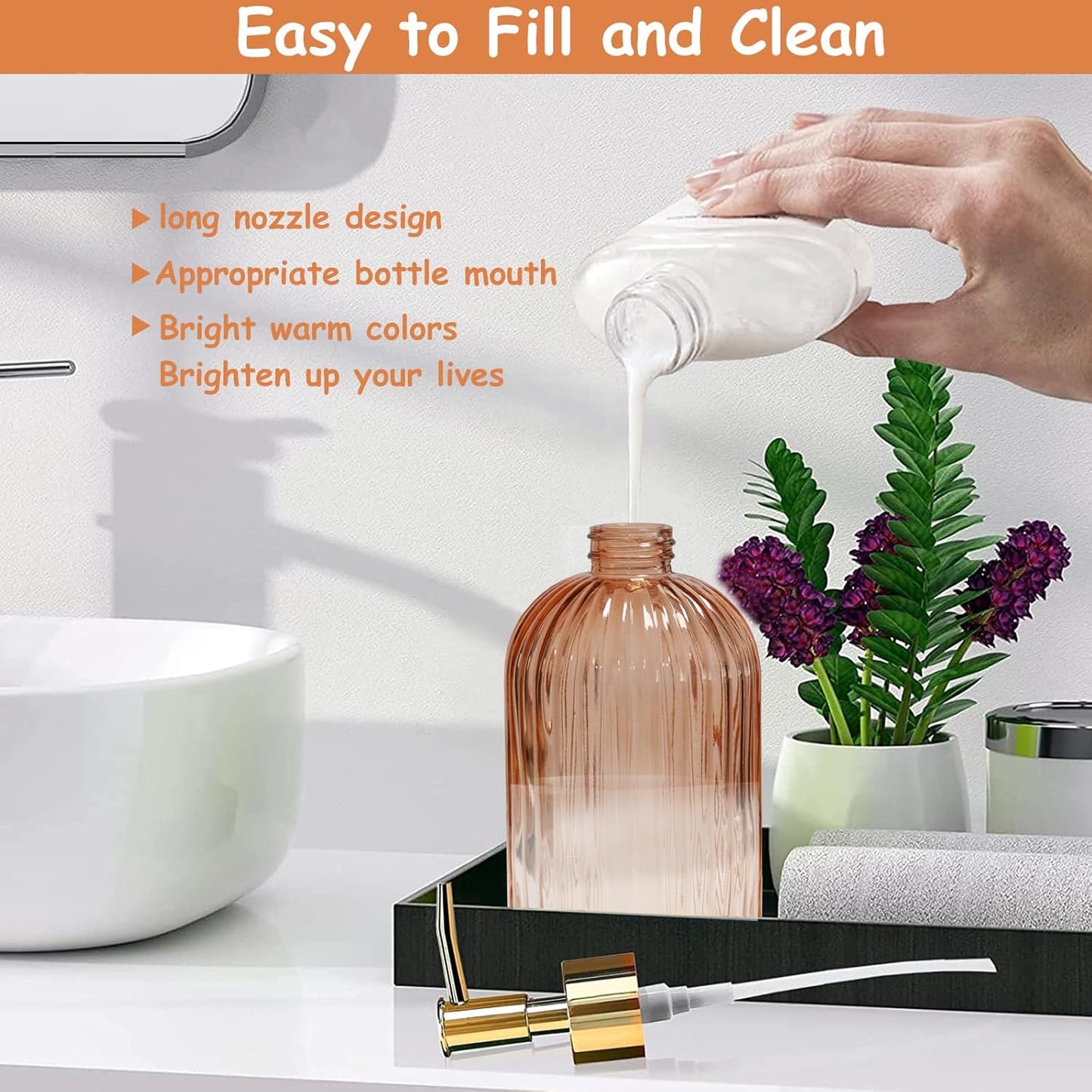 Glass Soap Dispenser with Gold Plastic Pump, 13.5oz Refillable Liquid Hand Soap Dispenser, 2 Pack Crystal Lotion Bottle for Modern Home Decor, Bathroom, Kitchen Countertop, Hotel(Orange)