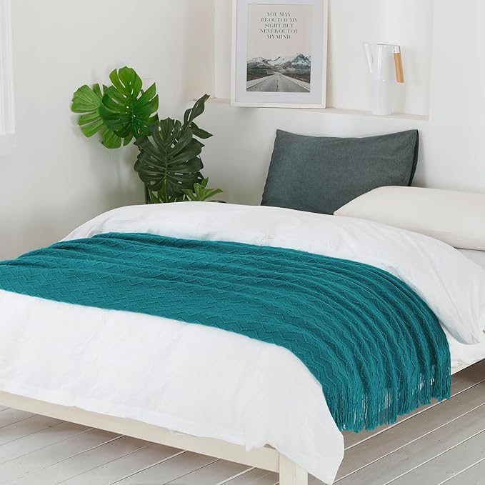 BOURINA Teal Throw Blanket 50x60 Inches Throw Textured Solid Soft Sofa Couch Decorative Knit Blanket