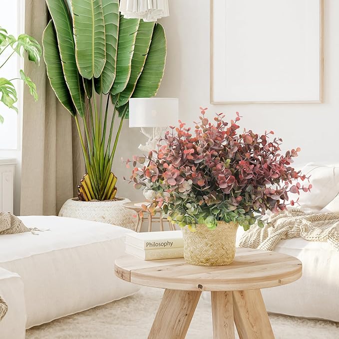 RECUTMS 12 Bundles Fake Bushes Artificial Plants Outdoor Faux Plant Eucalyptus Stems Fake Porch Plants for Farmhouse Bathroom Office Vase Centerpiece Indoor Outdoor Decor(Dusty Red)