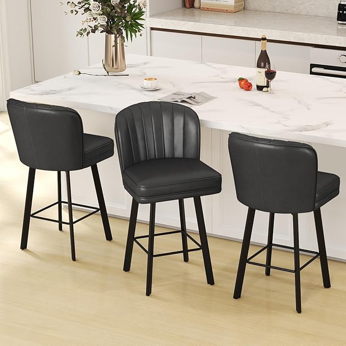 Swivel Counter Height Bar Stools Set of 3, 26'' Modern Barstools with Backs and Metal Legs, Upholstered Bar Chairs, Faux Leather Black Stools for Kitchen Island Chairs