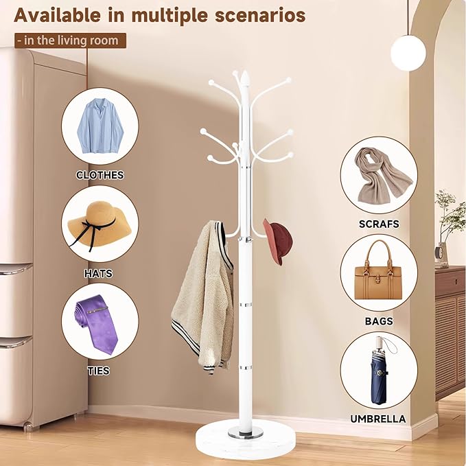 Metal Coat Rack Freestanding, Sturdy Coat Rack Stand with Natural Marble Base, White Coat Racks Tree Hats Hanger Holder Stand for Entryway, Hallway(12 Hooks)