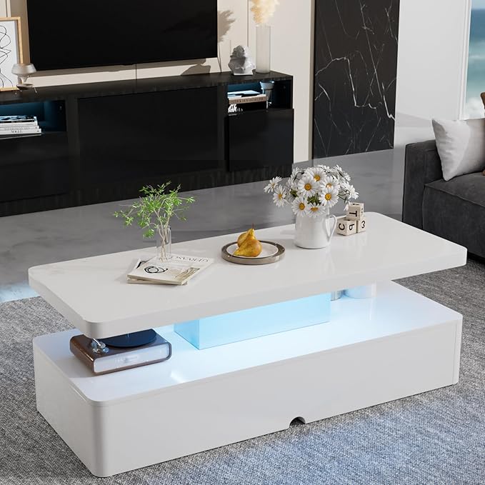 oneinmil Modern Stylish Coffee Table with 16 Colors LED Lights, Double-Layer Design for Living Room, White