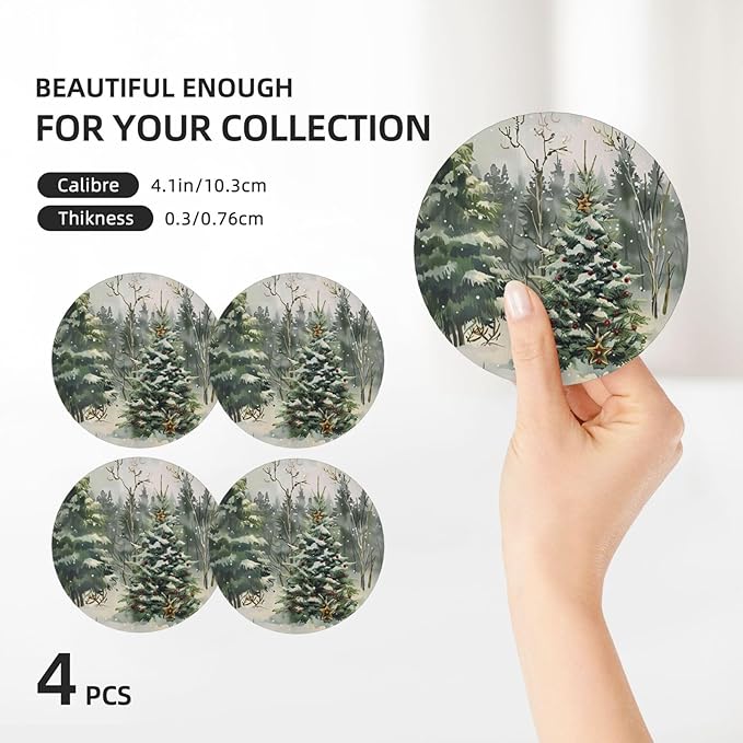 Winter Christmas Tree Coasters for Drinks Red Bell Absorbent Ceramic Coaster Set of 4 for Coffee Table Cup Bar Coasters with Cork Base Round Stone Mats Holiday Housewarming New Home Decors