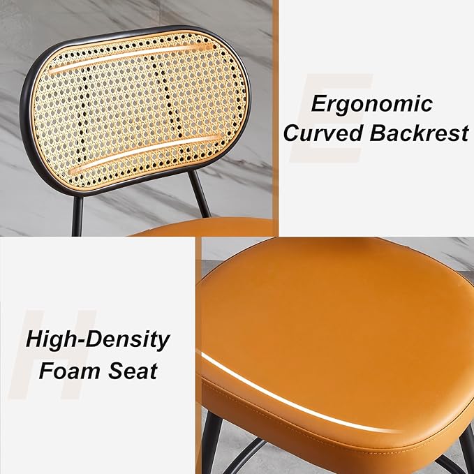 26" Rattan Barstools Set of 2, Counter Height Bar Chair with Black Metal Legs, Modern Armless PU Leather Pub Chair,Adjustable Feetpads Stools for Home Counter,Kitchen Dining Island,Cafe(WBR)