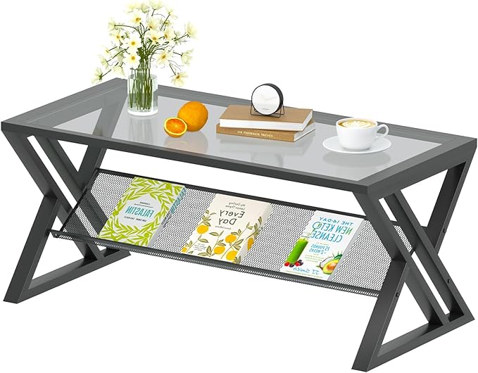 Glass Coffee Table Living Room Table with Storage Shelf, Grey Glass Table Simple Modern Rectangular Tables with Sturdy Black Metal Frame,Industrial Glass Coffee Table for Bedroom Home Office
