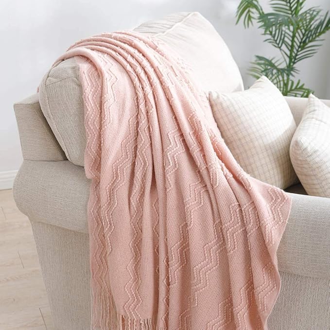 BOURINA Pink Throw Blanket 50x60 Inches Throw Textured Solid Soft Sofa Throw Couch Cover Knitted Decorative Blanket